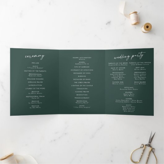 Boho Chic Emerald Green Monogram Wedding Dreifach-gefaltete Programmkarte (Innenseite)