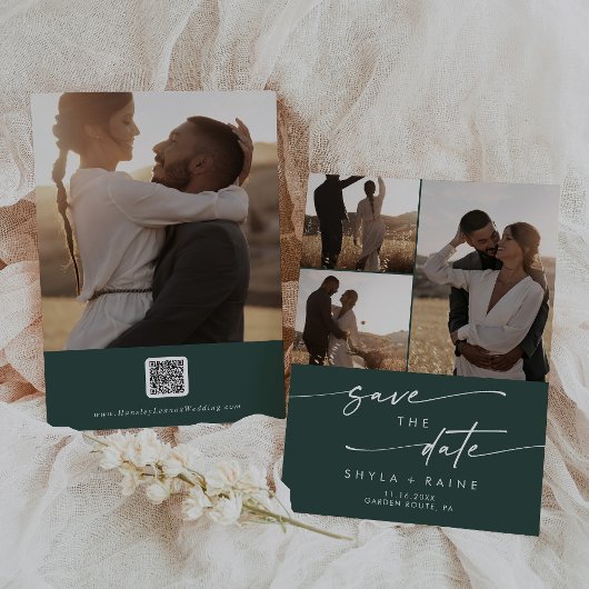 Boho Chic Emerald Green Multi Foto QR Code Save The Date