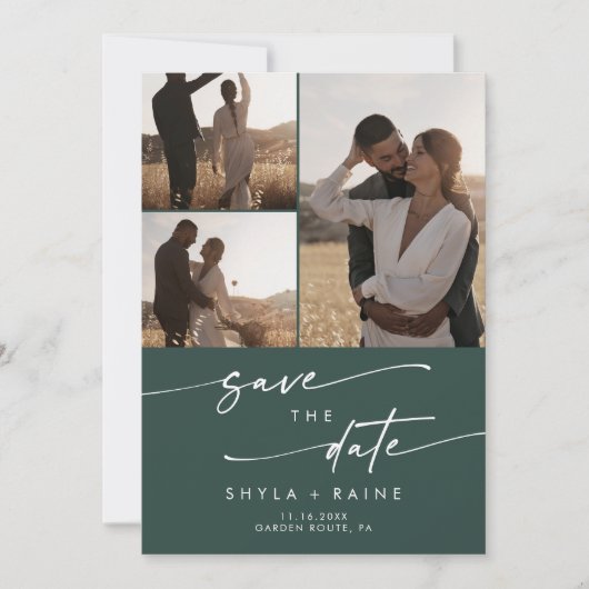 Boho Chic Emerald Green Multi Foto QR Code Save The Date (Vorderseite)