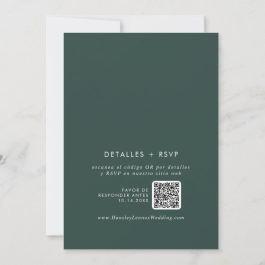 Boho Chic Emerald Green QR Code Spanische Hochzeit Einladung (Rückseite)