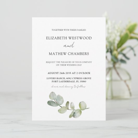 Boho Chic Eucalyptus Greenery Sage Wedding Einladung (Stehend Vorderseite)
