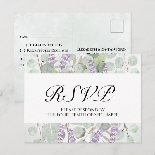 Boho Chic Eucalyptus & Lavender Wedding RSVP Postkarte (Vorne/Hinten)
