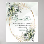 Boho Chic Eukalyptus Open Bar Schild Grün Gold (Vorne)