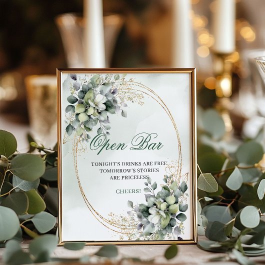 Boho Chic Eukalyptus Open Bar Schild Grün Gold