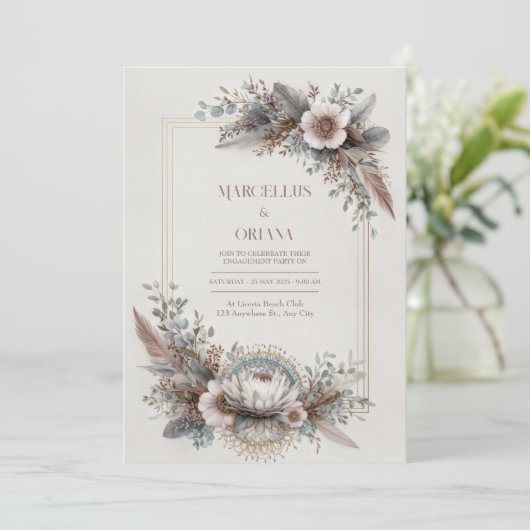 Boho Chic Feather Dusty Rose Gold Frame Wedding Einladung (Stehend Vorderseite)