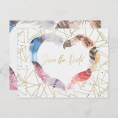 Boho Chic Feather Heart Save the Date Modern Ankündigungspostkarte (Vorne/Hinten)