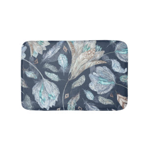 Boho Chic Feathers Blume: Watercolor Dark Blue P Badematte