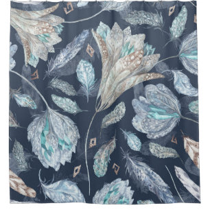 Boho Chic Feathers Blume: Watercolor Dark Blue P Duschvorhang