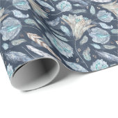 Boho Chic Feathers Blume: Watercolor Dark Blue P Geschenkpapier (Rolleneckpunkt)