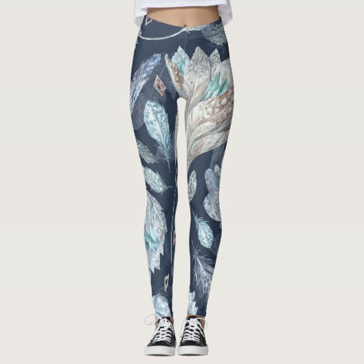 Boho Chic Feathers Blume: Watercolor Dark Blue P Leggings (Vorderseite)