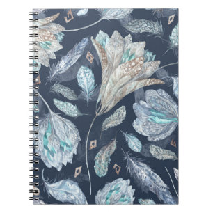 Boho Chic Feathers Blume: Watercolor Dark Blue P Notizblock