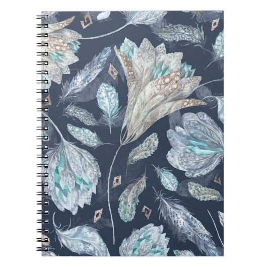 Boho Chic Feathers Blume: Watercolor Dark Blue P Notizblock (Vorderseite)