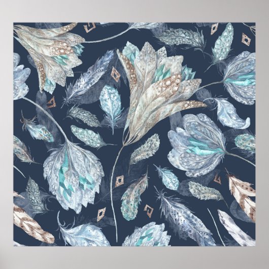 Boho Chic Feathers Blume: Watercolor Dark Blue P Poster (Vorne)