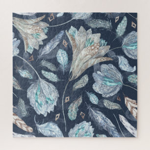 Boho Chic Feathers Blume: Watercolor Dark Blue P Puzzle