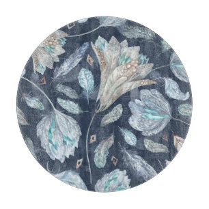 Boho Chic Feathers Blume: Watercolor Dark Blue P Schneidebrett