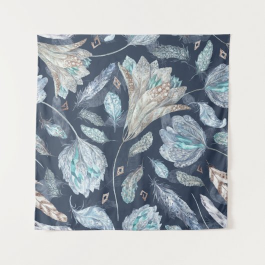 Boho Chic Feathers Blume: Watercolor Dark Blue P Wandteppich (Vorderseite)