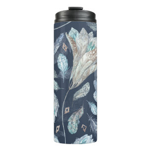 Boho Chic Federn Blumen: Wasserfarbe Dunkelblau P Thermosbecher