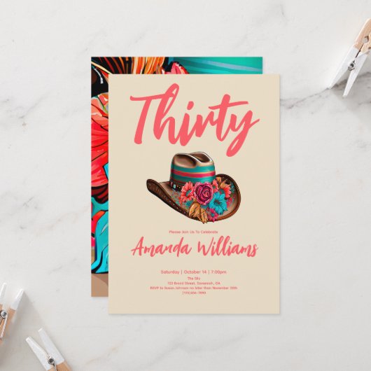 Boho Chic Floral 30. Geburtstag Einladung (Vorderseite/Rückseite Beispiel)