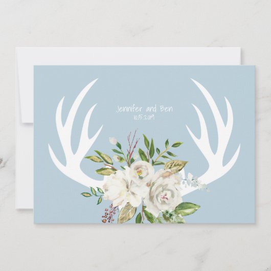 Boho Chic Floral Antlers Wedding Blue Dankeskarte (Vorderseite)