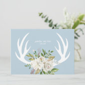 Boho Chic Floral Antlers Wedding Blue Dankeskarte (Stehend Vorderseite)