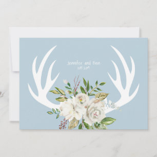 Boho Chic Floral Antlers Wedding Blue Dankeskarte
