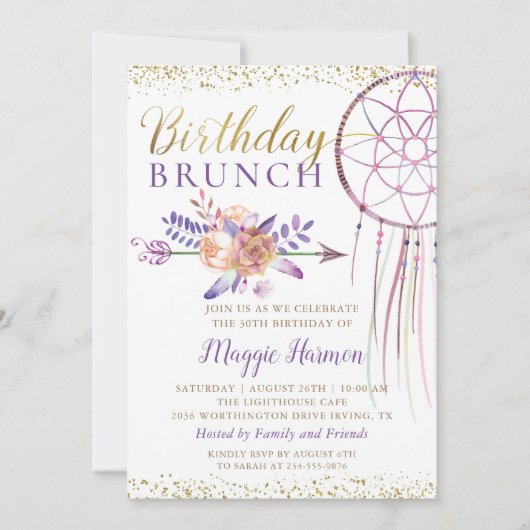 Boho Chic Floral Dreamcatcher Birthday Brunch Einladung (Vorderseite)