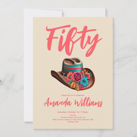 Boho Chic Floral Fiftieth Birthday Einladung (Vorderseite)