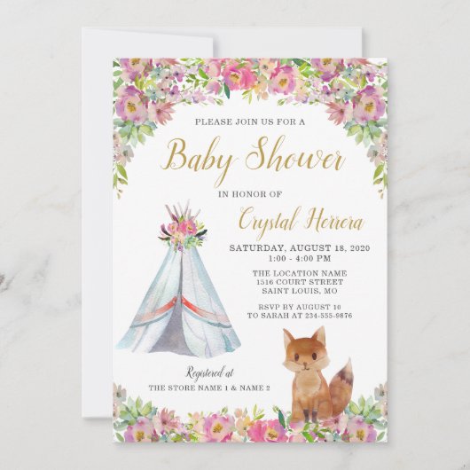 Boho Chic Floral Fox Teepee Tribal Baby Dusche Einladung (Vorderseite)