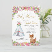 Boho Chic Floral Fox Teepee Tribal Baby Dusche Einladung (Stehend Vorderseite)