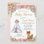 Boho Chic Floral Fox Teepee Tribal Baby Dusche Einladung (Vorne/Hinten)