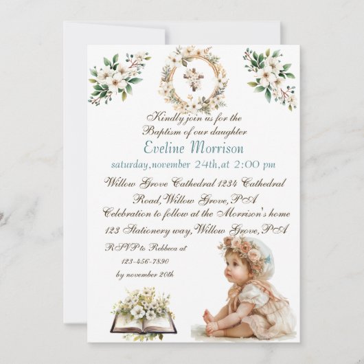 Boho Chic Floral Girls Taufe Einladung (Vorderseite)