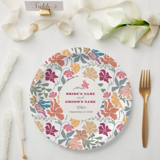 Boho Chic Floral Mitte des Jahrhunderts Retro Hoch Pappteller (Hochzeit)