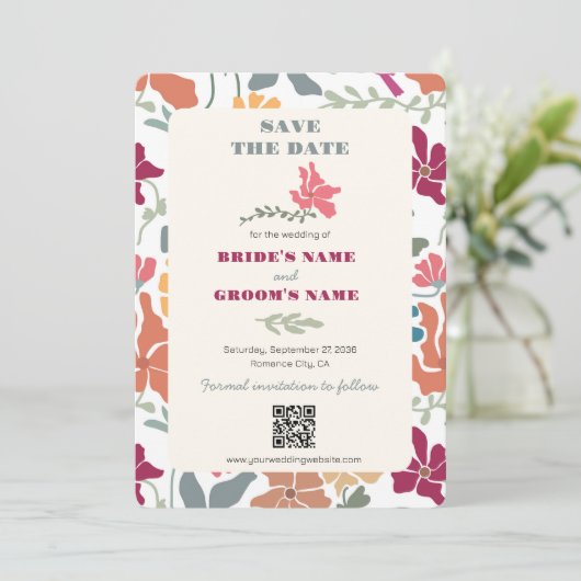 Boho Chic Floral Mitte des Jahrhunderts Retro Hoch Save The Date (Stehend Vorderseite)