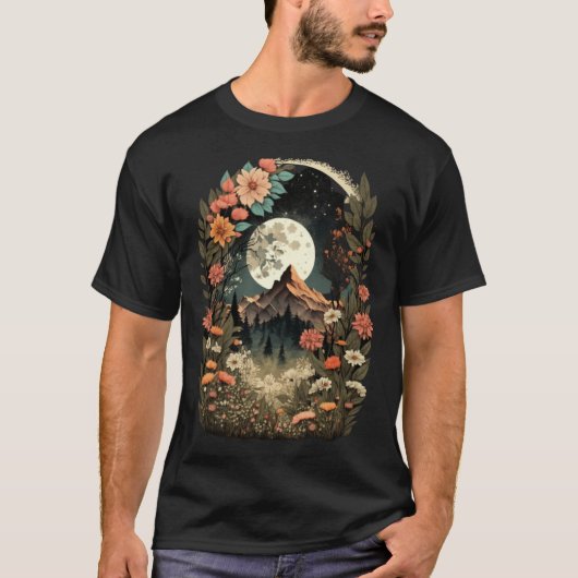 Boho Chic Floral Moon Mountain Forest Nature Retro T-Shirt (Vorderseite)