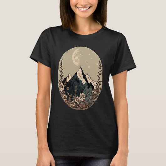 Boho Chic Floral Moon Mountain T-Shirt (Vorderseite)