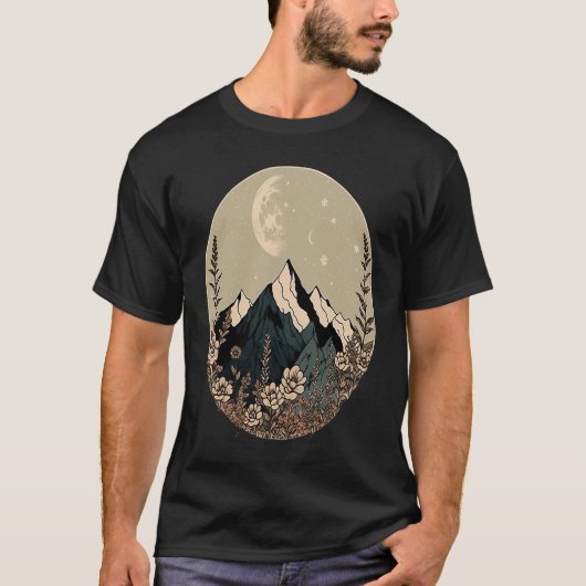 Boho Chic Floral Moon Mountain T-Shirt (Vorderseite)