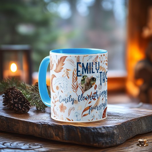 Boho chic floral moon with copper and blue leaves tasse