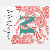 Boho Chic floral Muster Koralle rot und Aquamarin Fleecedecke (Vorderseite (Horizontal))