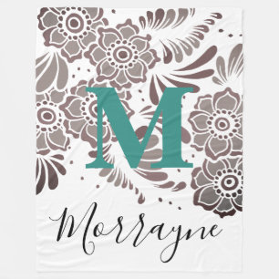 Boho Chic floral Muster Türkis & Grau Monogramm Fleecedecke