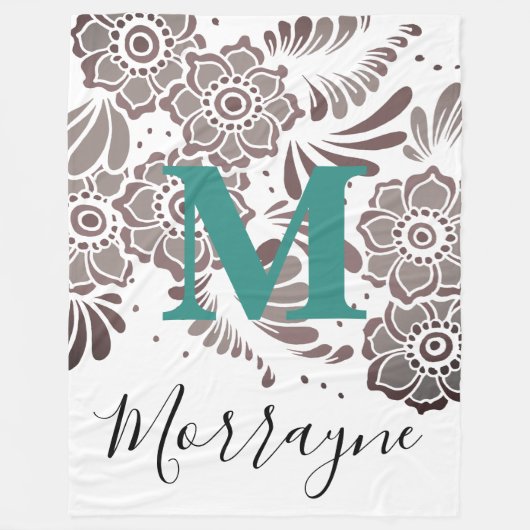 Boho Chic floral Muster Türkis & Grau Monogramm Fleecedecke (Vorderseite)