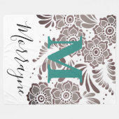 Boho Chic floral Muster Türkis & Grau Monogramm Fleecedecke (Vorderseite (Horizontal))
