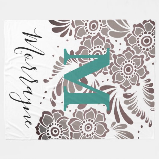 Boho Chic floral Muster Türkis & Grau Monogramm Fleecedecke (Vorderseite (Horizontal))