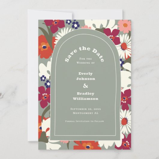 Boho Chic Floral Sage Green Modern Save the Date Einladung (Vorderseite)