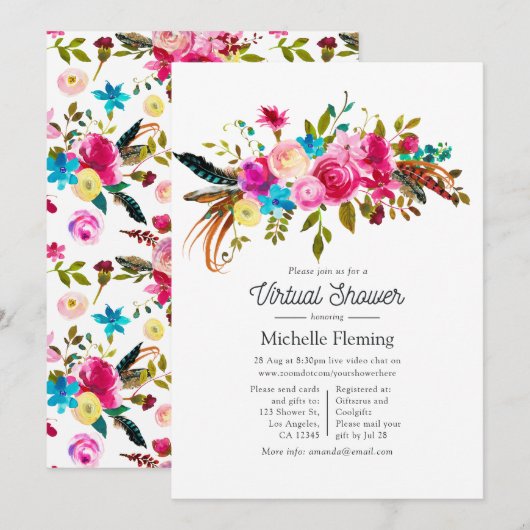 Boho Chic Floral Virtual Baby Dusche Einladung (Vorne/Hinten)