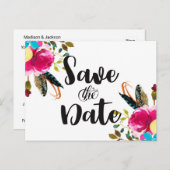Boho Chic Floral Watercolor Hochzeit Speichern Sie Ankündigungspostkarte (Vorne/Hinten)