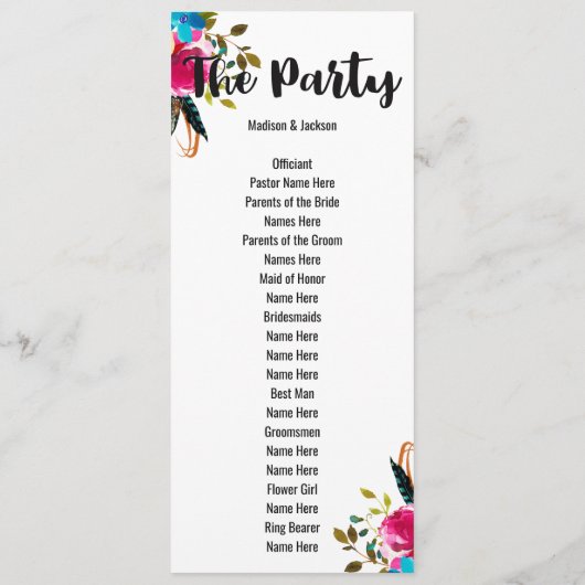 Boho Chic Floral Watercolor Hochzeitsprogramm Programm (Rückseite)