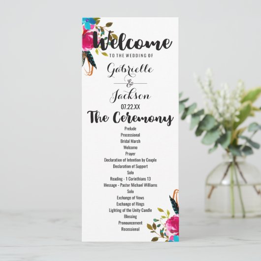 Boho Chic Floral Watercolor Hochzeitsprogramm Programm (Stehend Vorderseite)