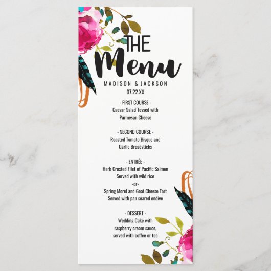 Boho Chic Floral Watercolor Wedding Menu Menükarte (Vorderseite)