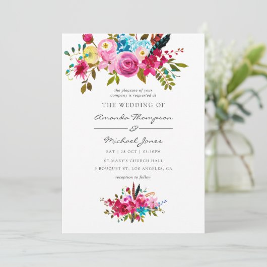 Boho Chic Floral Wedding Einladung (Stehend Vorderseite)