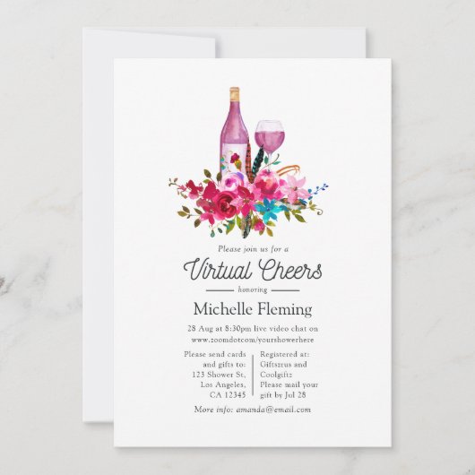 Boho Chic Floral Wine Themed Virtual Brautparty Einladung (Vorderseite)